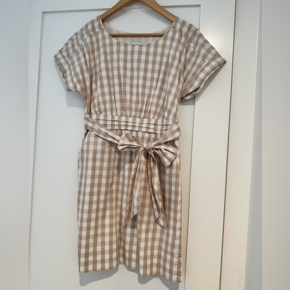 Anthropologie HD in Paris Tan and White Checkered Midi Dress
